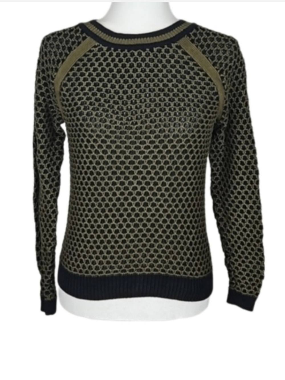 Honeycomb Knit Sweater Olive Army Green and Black Crew Neck Womens Small (S)
